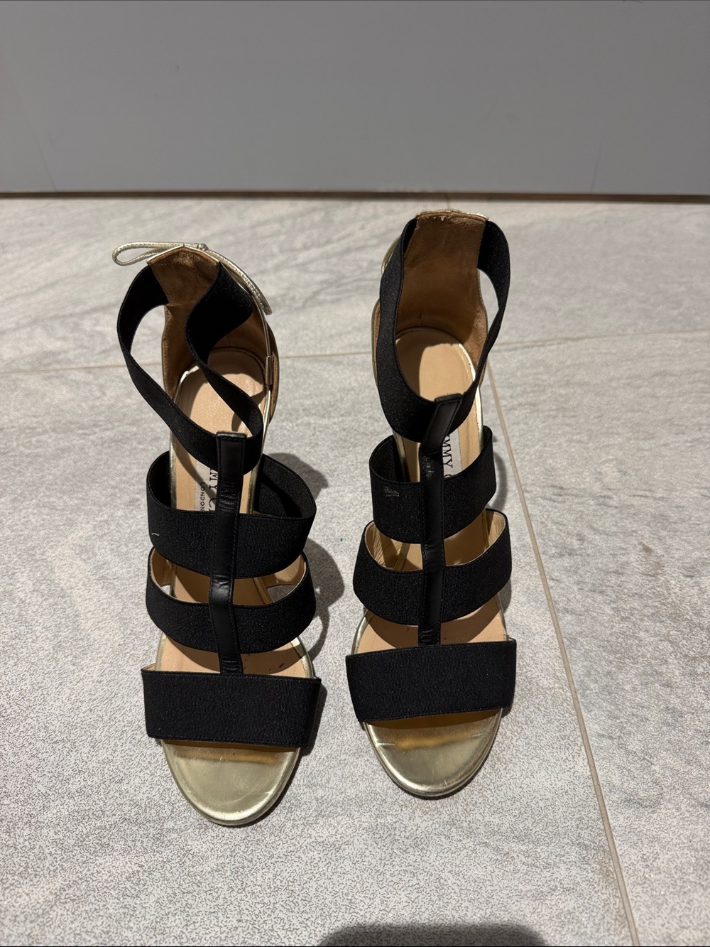 Jimmy Choo Black Strappy High Heels with Gold Toe